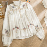 Lace Embroidery White Women Shirts Summer New O-Neck Long-Sleeved Loose Elegant Office Lady Outwear Tops